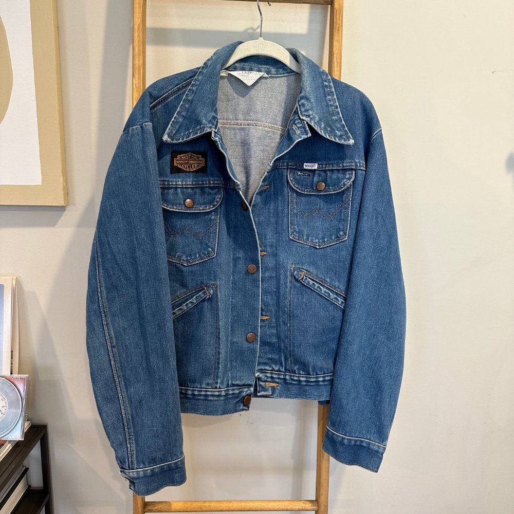 Vtg Wrangler Denim Jean Jacket - Harley Davidson Patch | Unisex Oversized Fit